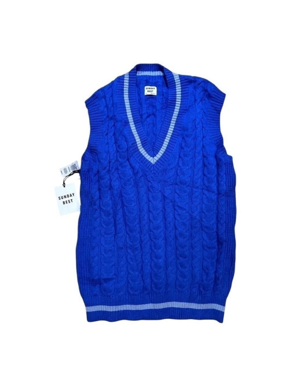 ARITZIA  Sunday Best Winston Blue Cable Kit Oversized  Preppy V-Neck Vest sz 2XS